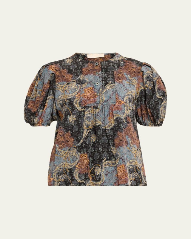 Lila Gathered Silk Puff-Sleeve Top
